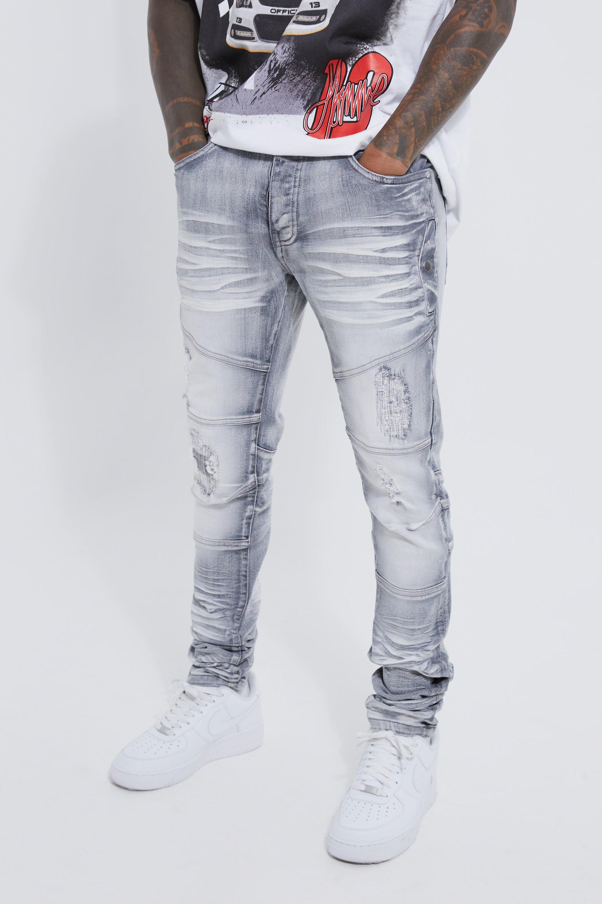 Mens Grey Skinny Stretch Heavy Bleached Ripped Jean, Grey